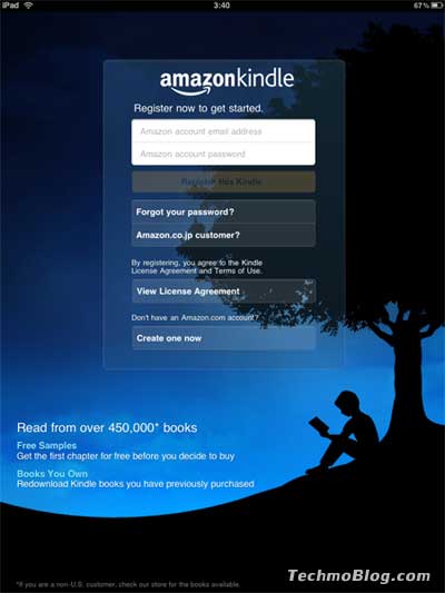 หน้าจอแรก Kindle for iPad ร้องขอ email และ Password สมาชิก amazon.com