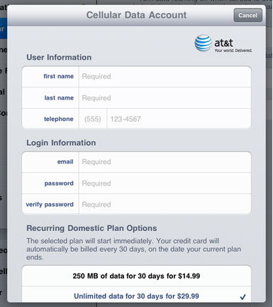 iPad 3G มีเมนูสมัครใช้งาน 3G กับ AT&T