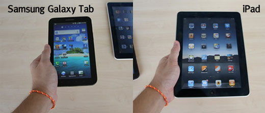 Samsung Galaxy Tab เมื่อถือด้วยมือข้างเดียว เปรียบเทียบกับ iPad ที่ถือด้วยมือข้างเดียว